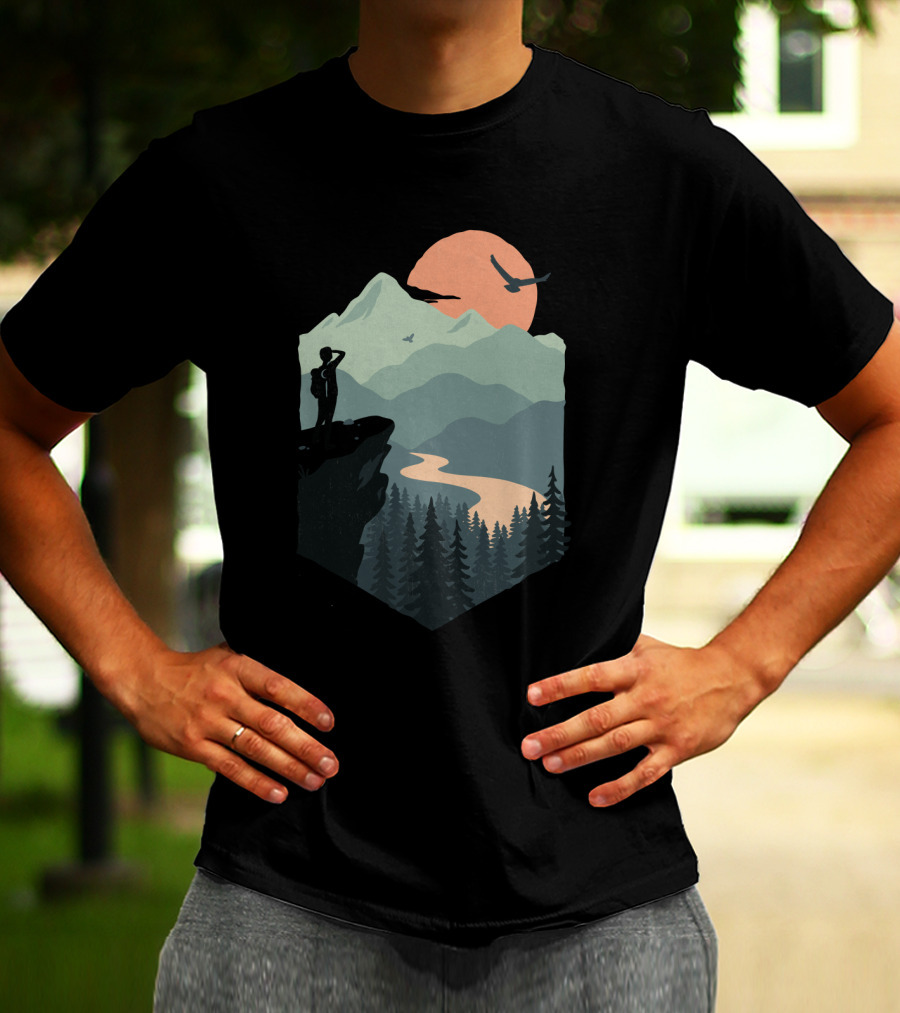 Vast Views Scenic Mountain Sunset With Silhouette And Birds T-Shirt