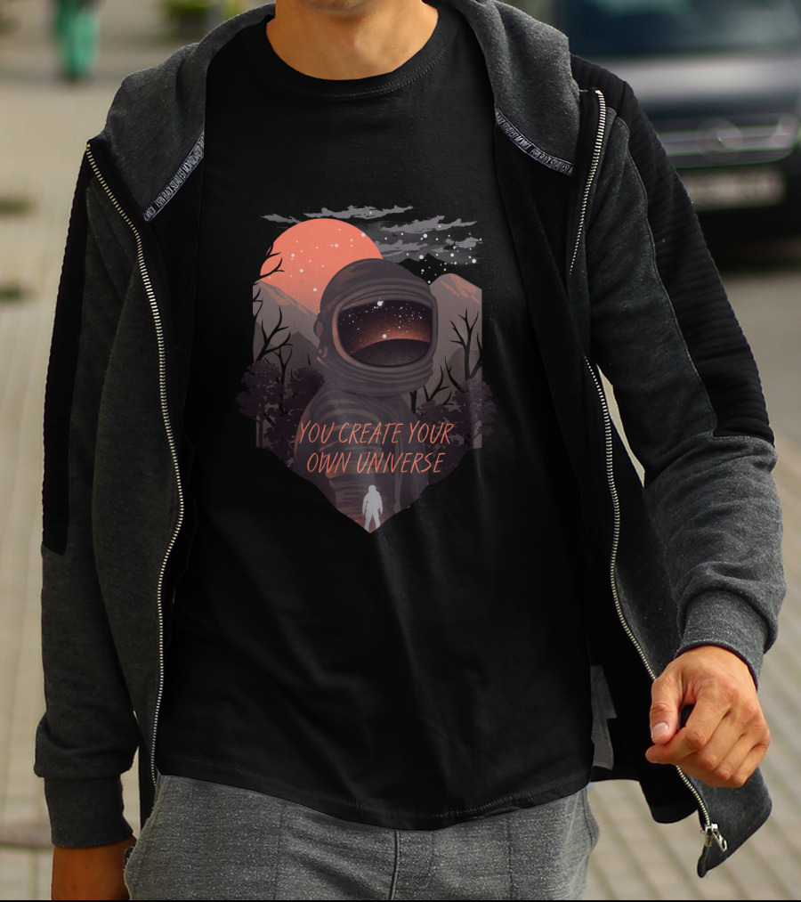 Cosmic Astronaut Under Starry Mountains With 'You Create Your Own Universe' T-Shirt