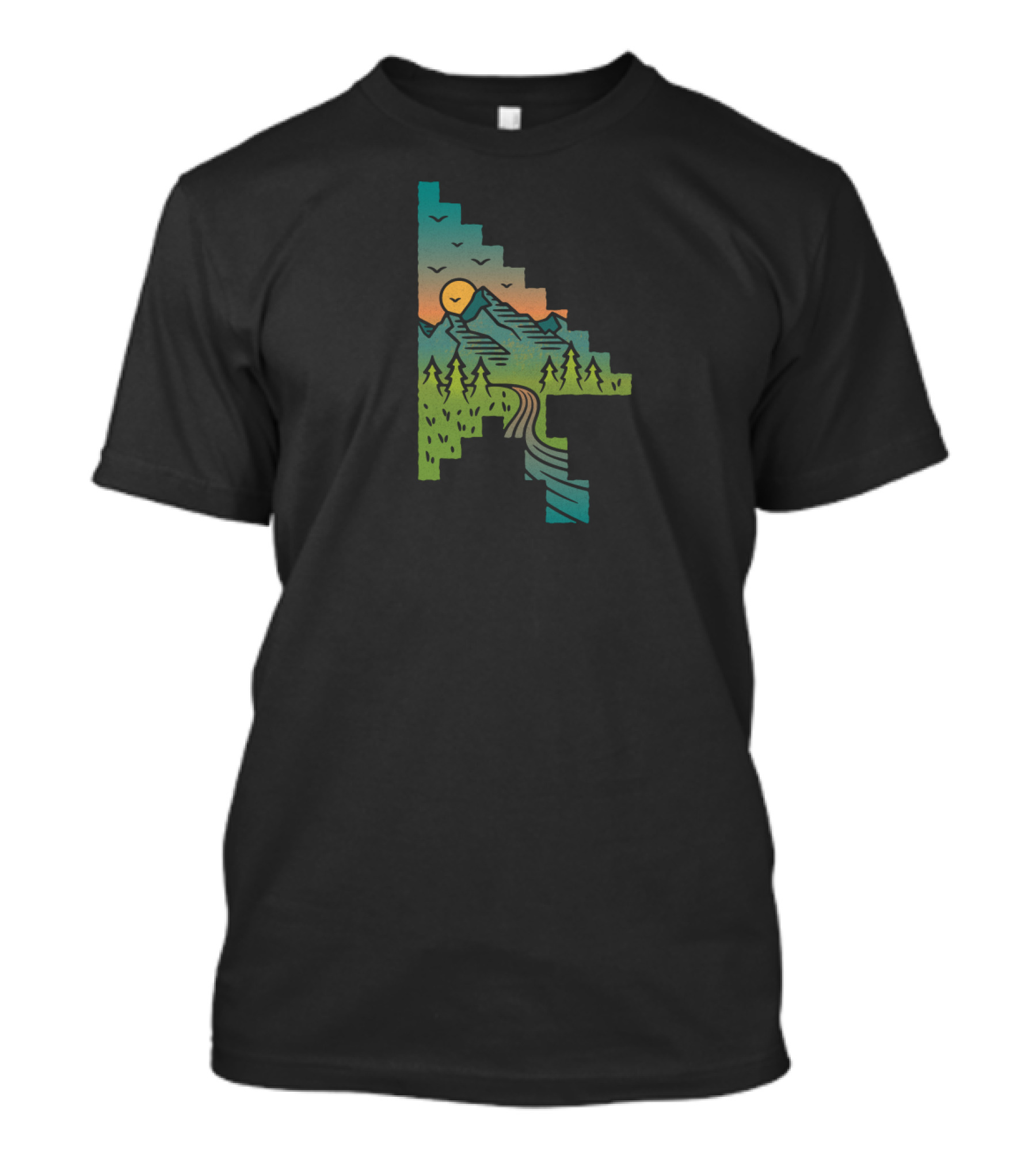 Scenic Pixel Art Landscape With Mountains And Sunset T-Shirt