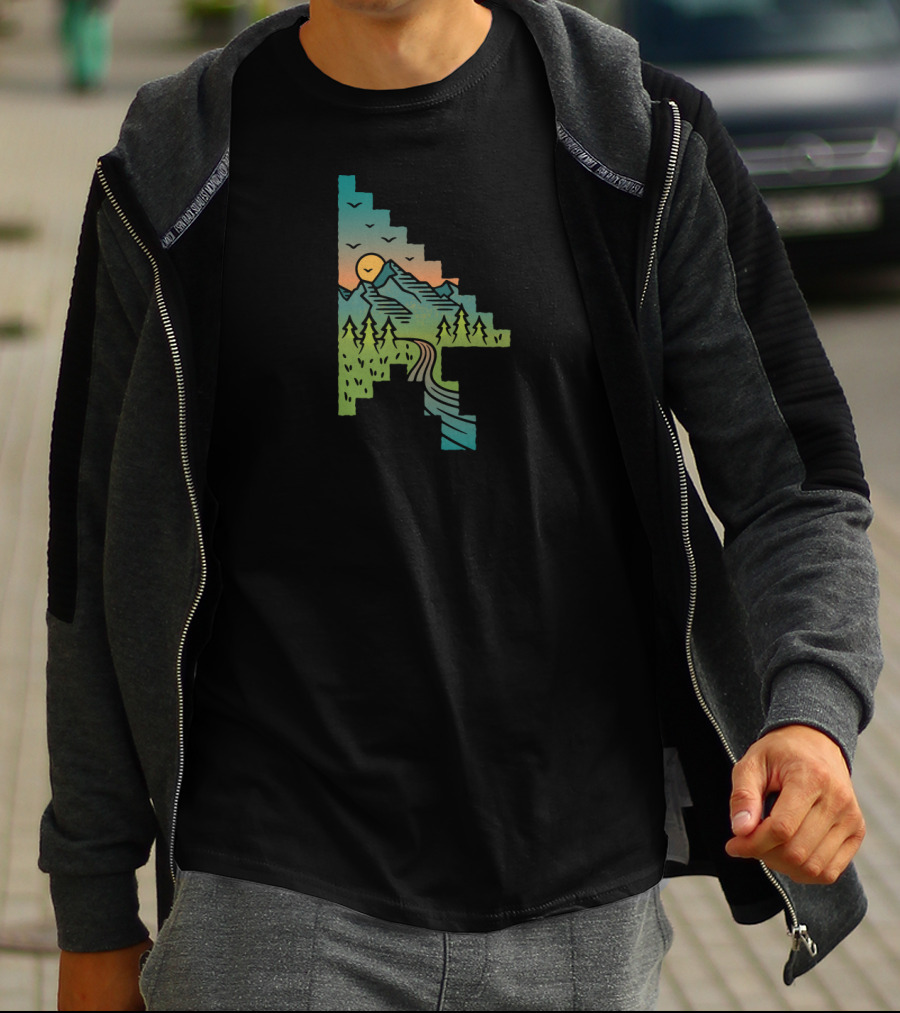 Scenic Pixel Art Landscape With Mountains And Sunset T-Shirt