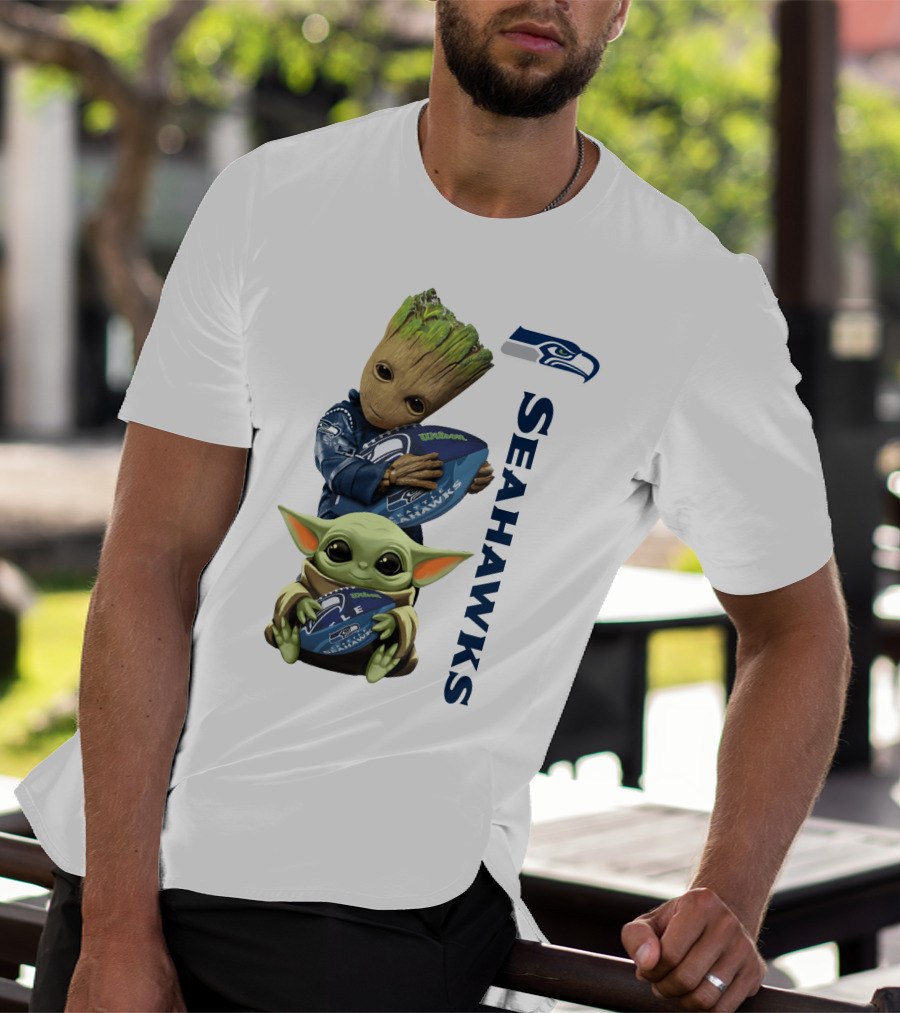 Baby Groot And Baby Yoda Hugging Seahawks Football T-Shirt