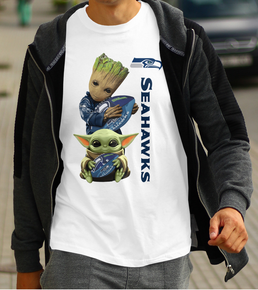 Baby Groot And Baby Yoda Hugging Seahawks Football T-Shirt