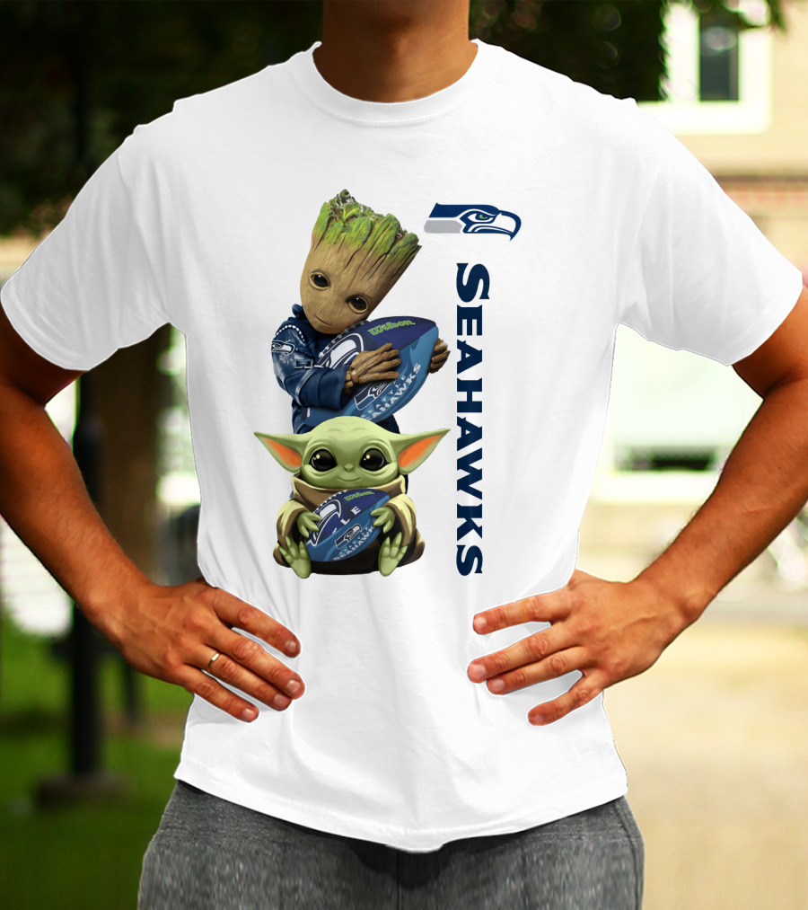 Baby Groot And Baby Yoda Hugging Seahawks Football T-Shirt
