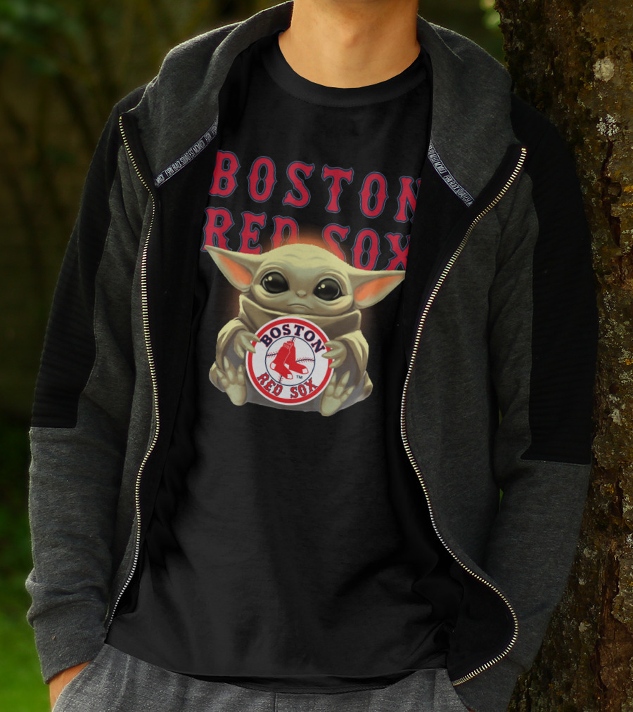 Boston Red Sox Baby Yoda Hugging Red Sox Emblem T-Shirt