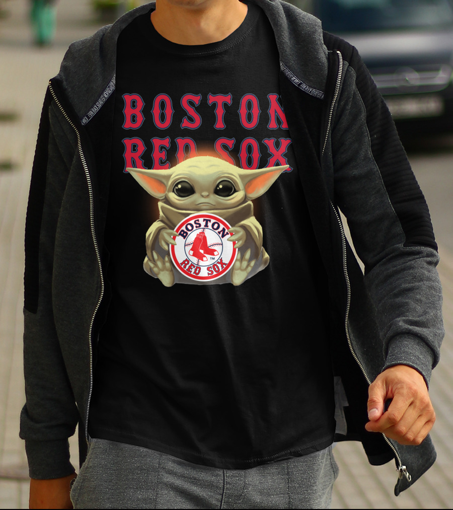 Boston Red Sox Baby Yoda Hugging Red Sox Emblem T-Shirt