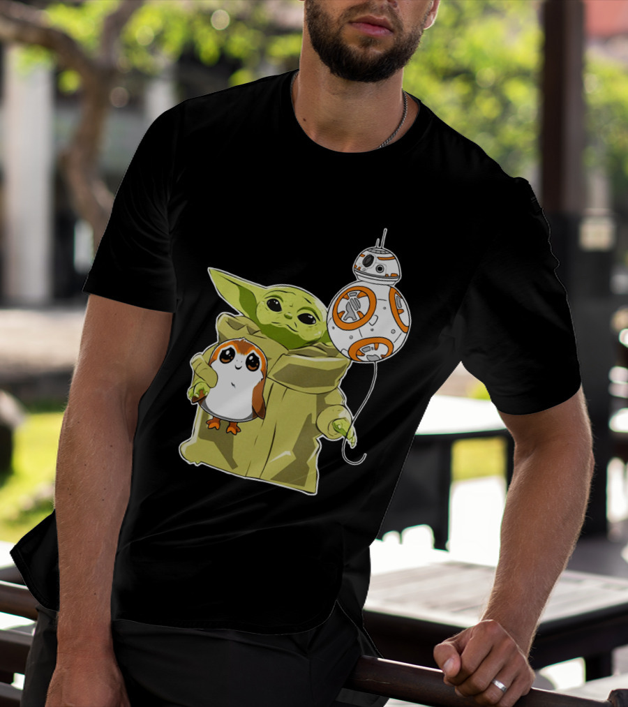 Baby Yoda Hug Sad Porg With BB-8 Balloon T-Shirt