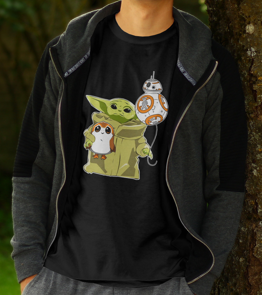 Baby Yoda Hug Sad Porg With BB-8 Balloon T-Shirt