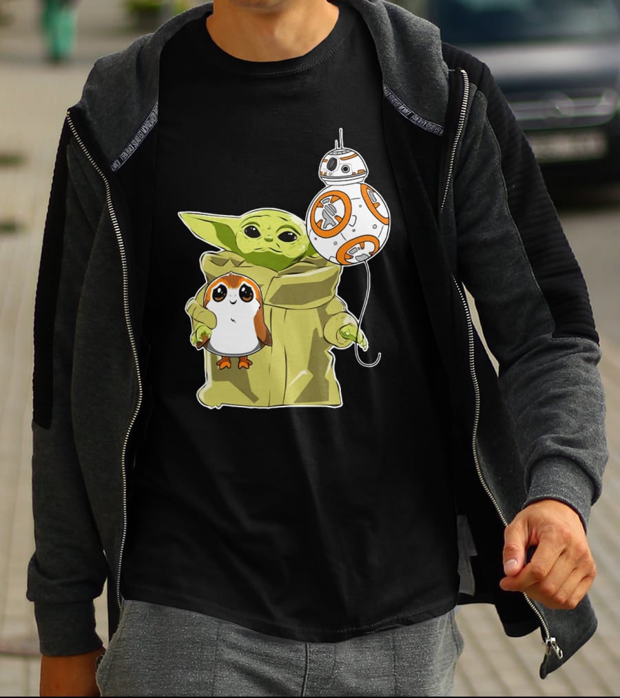 Baby Yoda Hug Sad Porg With BB-8 Balloon T-Shirt