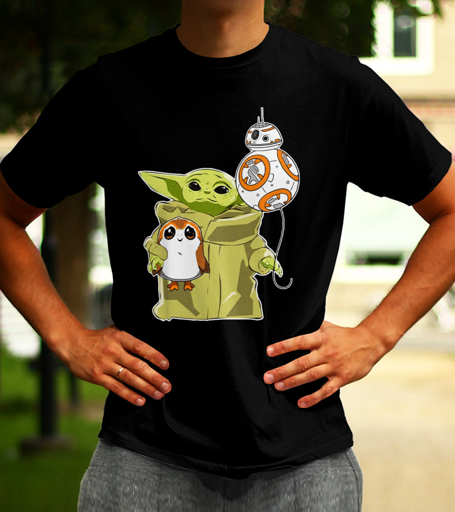 Baby Yoda Hug Sad Porg With BB-8 Balloon T-Shirt