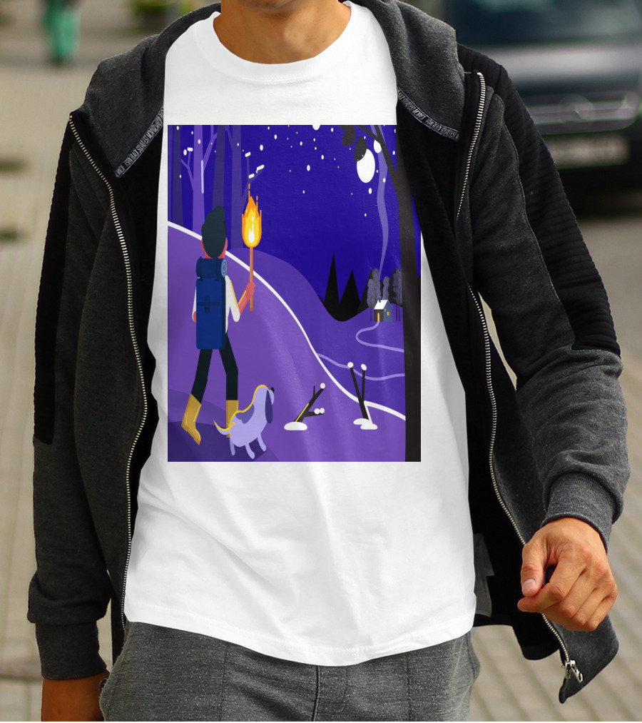 Nighttime Hiker With Backpack And Dog Under Moonlit Sky T-Shirt