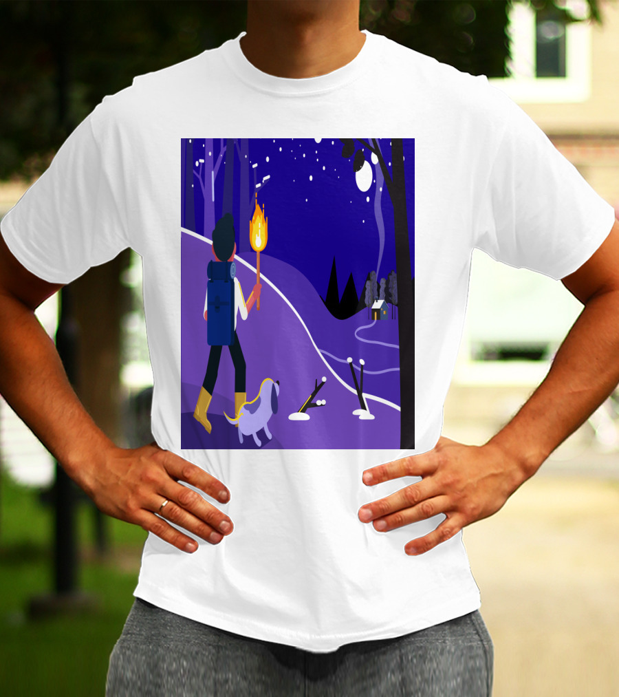 Nighttime Hiker With Backpack And Dog Under Moonlit Sky T-Shirt