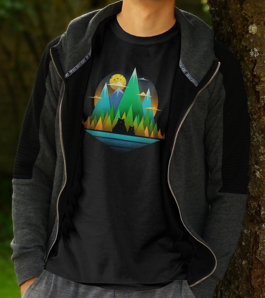 Geometric Bears In Colorful Mountain Landscape T-Shirt