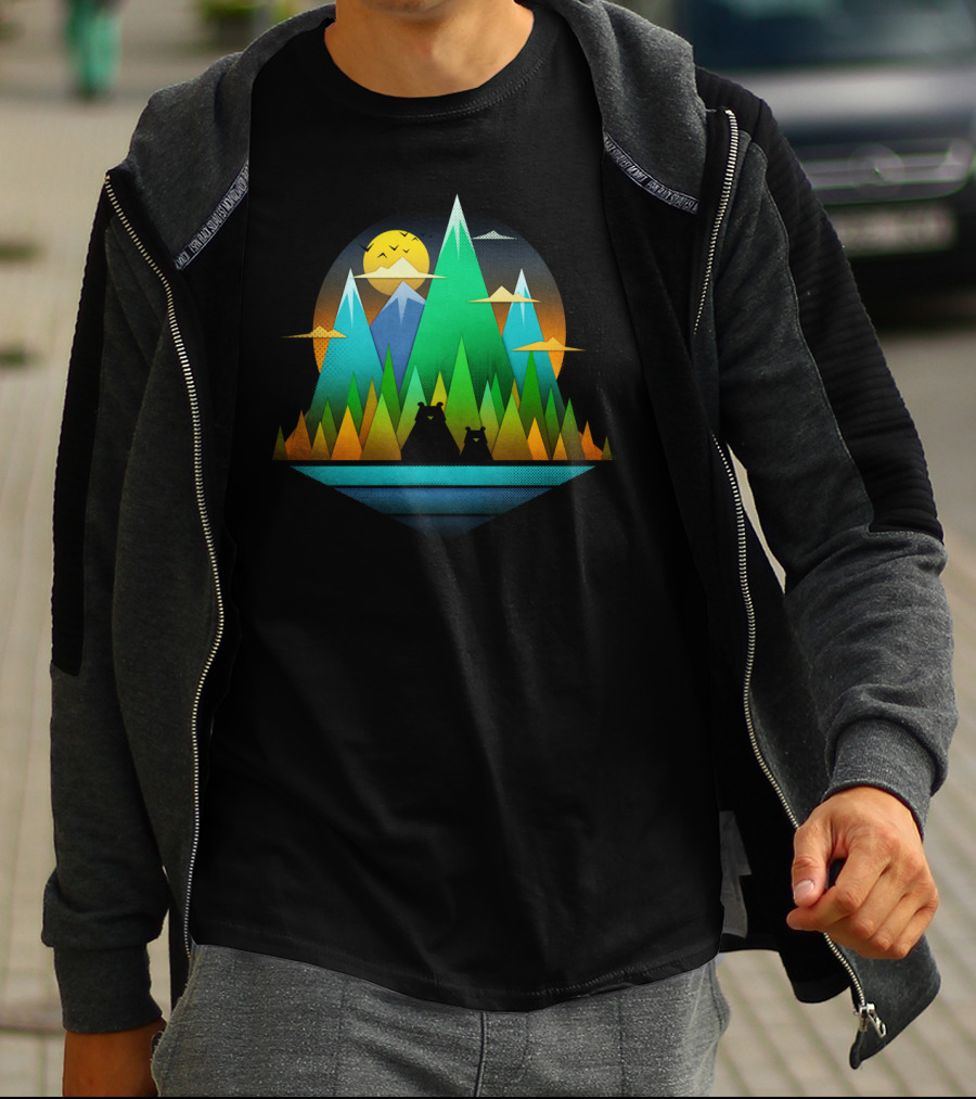 Geometric Bears In Colorful Mountain Landscape T-Shirt
