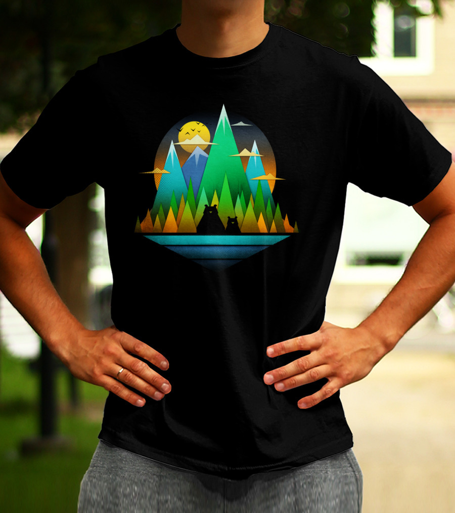Geometric Bears In Colorful Mountain Landscape T-Shirt
