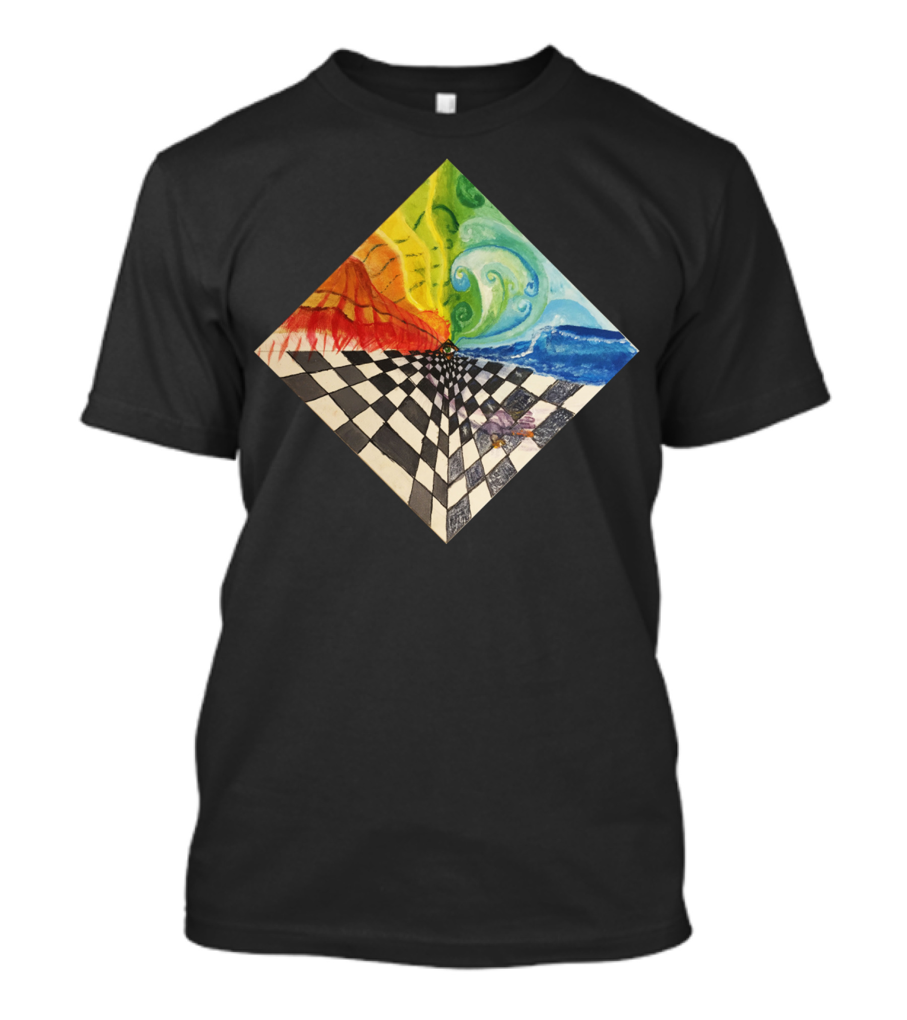 Mind Grid Surreal Checkerboard With Elemental Waves And Vivid Colors T-Shirt