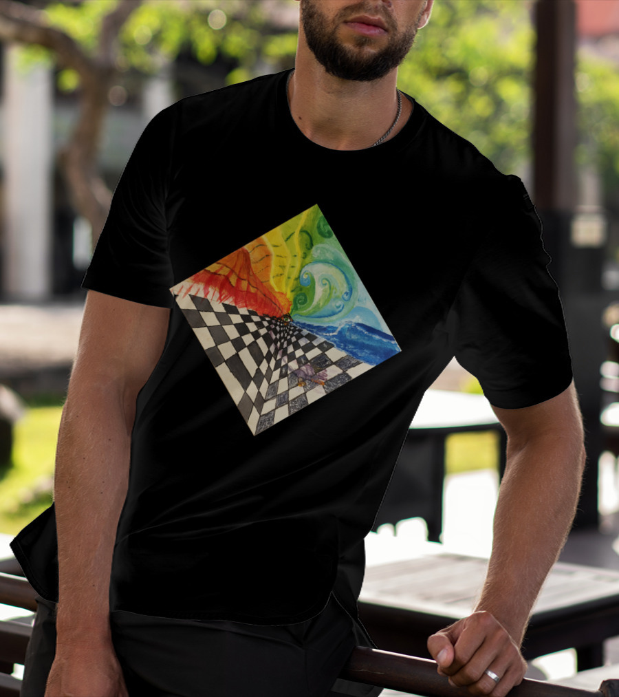 Mind Grid Surreal Checkerboard With Elemental Waves And Vivid Colors T-Shirt