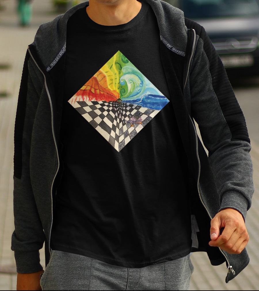 Mind Grid Surreal Checkerboard With Elemental Waves And Vivid Colors T-Shirt