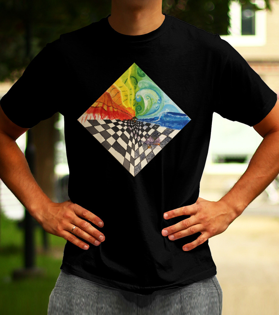 Mind Grid Surreal Checkerboard With Elemental Waves And Vivid Colors T-Shirt