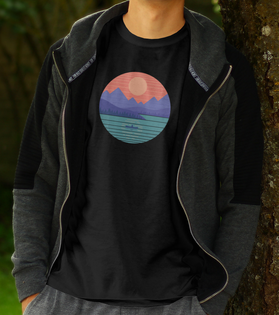 Geometric Sun And Mountain Landscape Over Tranquil Lake With Boat T-Shirt