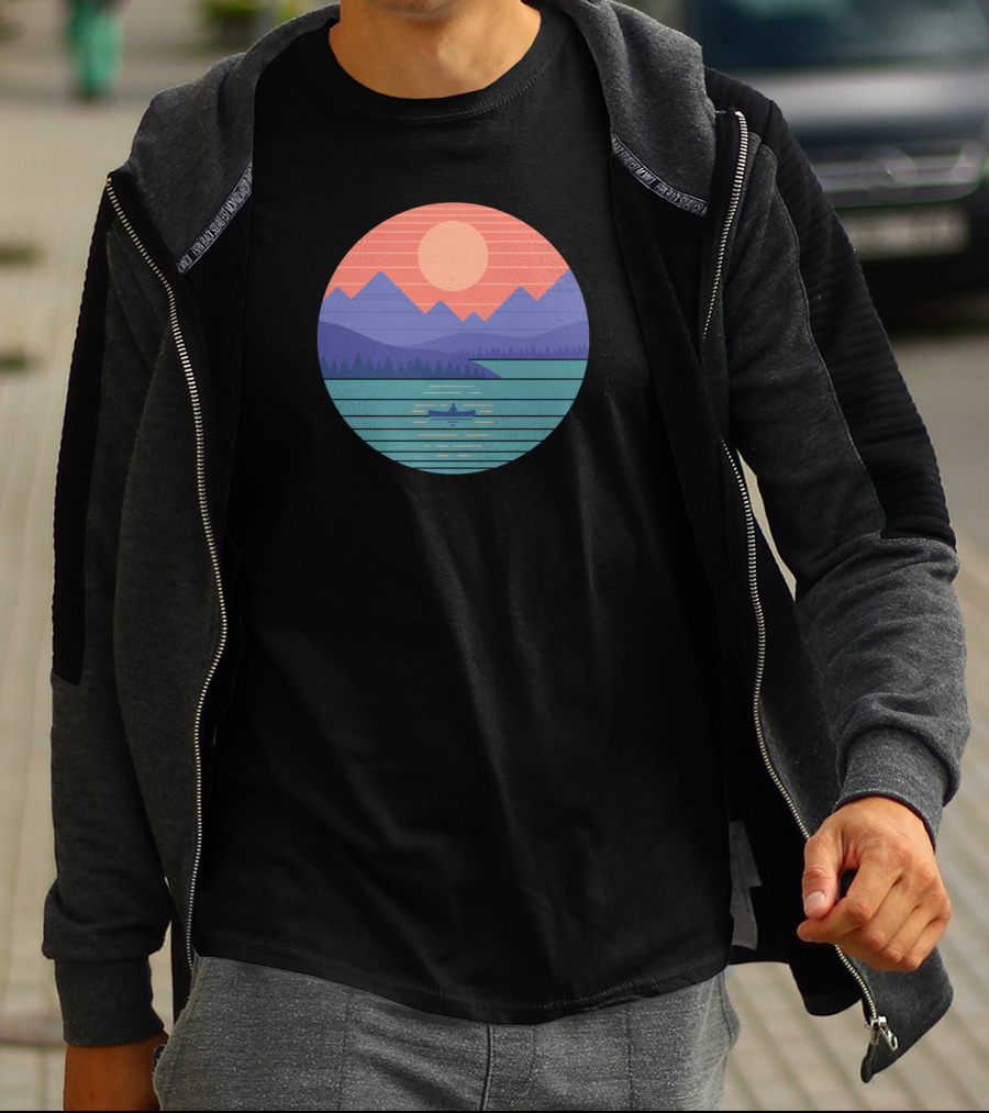 Geometric Sun And Mountain Landscape Over Tranquil Lake With Boat T-Shirt