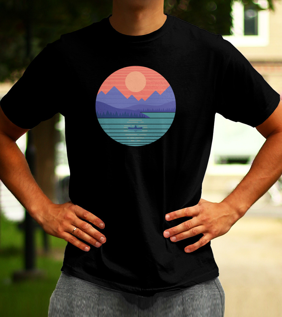 Geometric Sun And Mountain Landscape Over Tranquil Lake With Boat T-Shirt