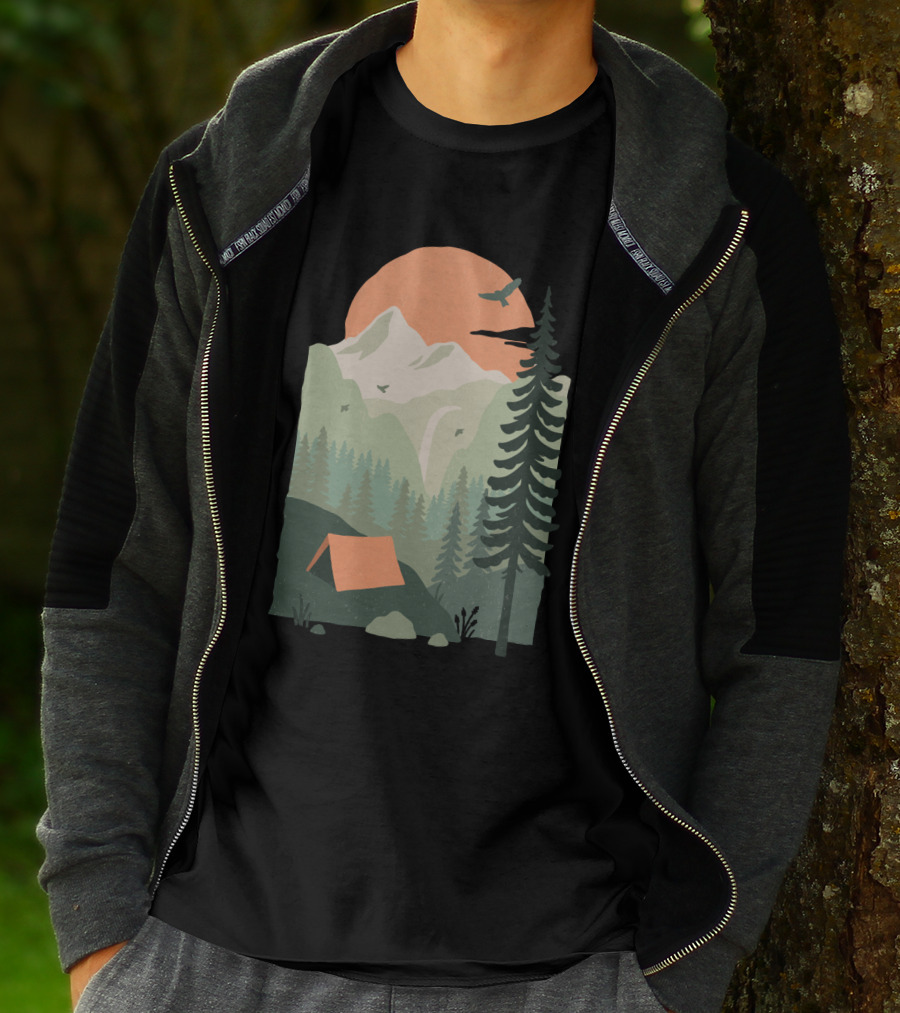 Mountain Campgrounds Scenic Tent Pine Tree Sunset T-Shirt