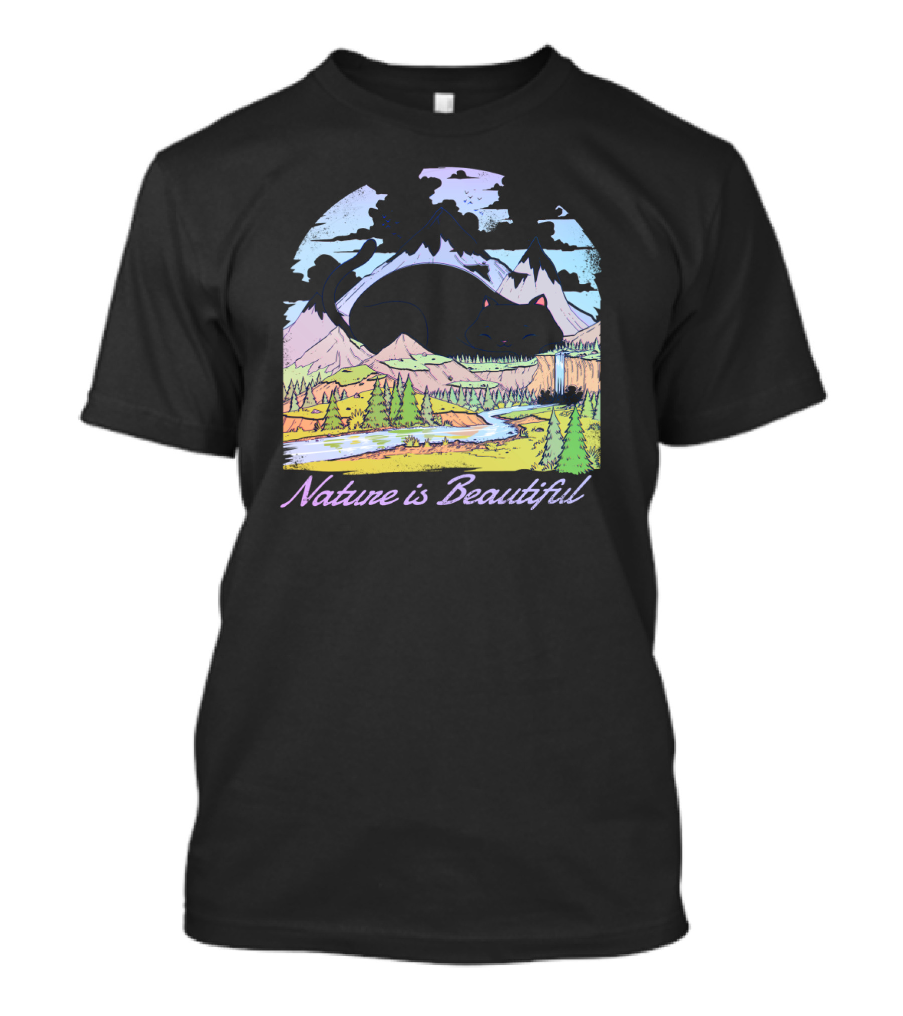 Nature Is Beautiful Mountain Landscape With Bear Silhouette And Waterfall Scene T-Shirt