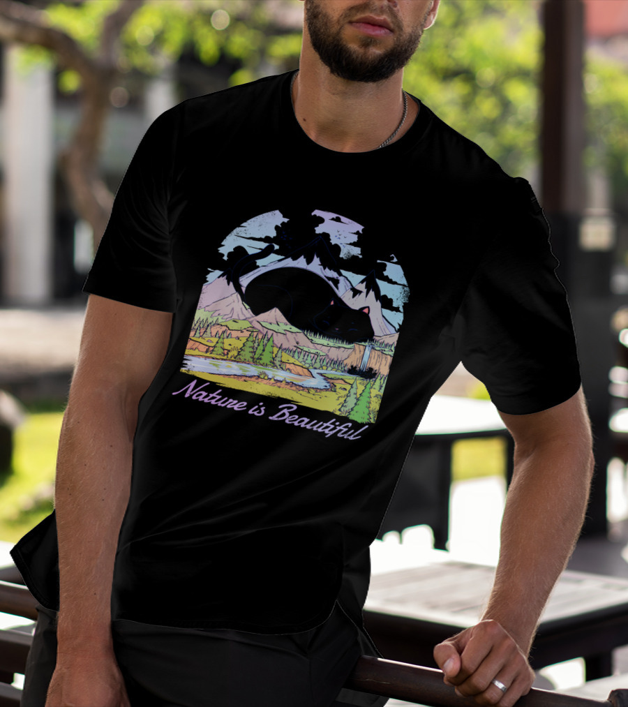 Nature Is Beautiful Mountain Landscape With Bear Silhouette And Waterfall Scene T-Shirt