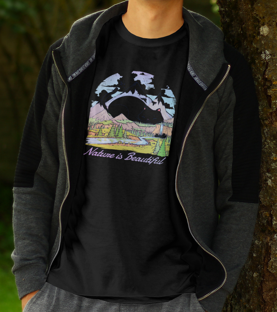 Nature Is Beautiful Mountain Landscape With Bear Silhouette And Waterfall Scene T-Shirt