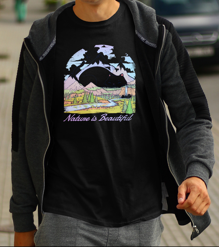Nature Is Beautiful Mountain Landscape With Bear Silhouette And Waterfall Scene T-Shirt