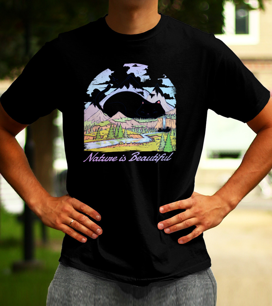 Nature Is Beautiful Mountain Landscape With Bear Silhouette And Waterfall Scene T-Shirt