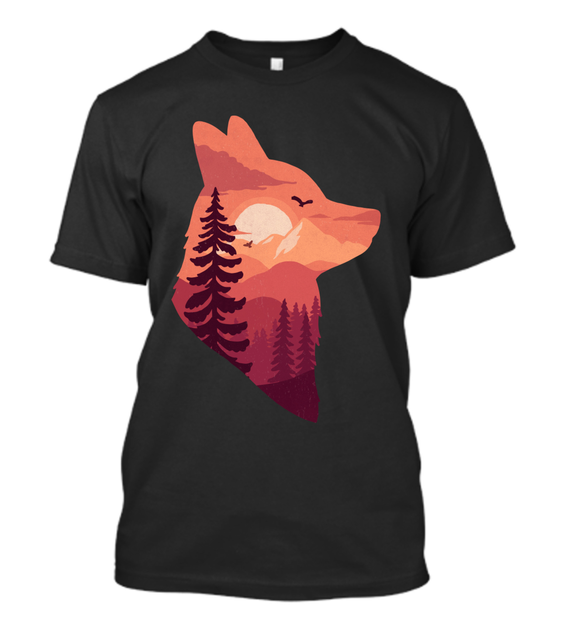The Red Fox Silhouette Sunset Forest Scene With Mountains And Birds T-Shirt