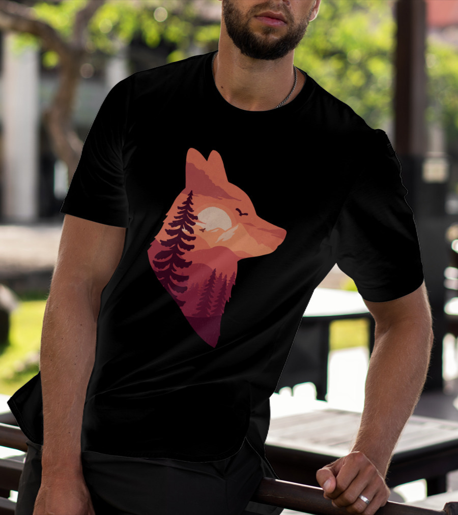 The Red Fox Silhouette Sunset Forest Scene With Mountains And Birds T-Shirt