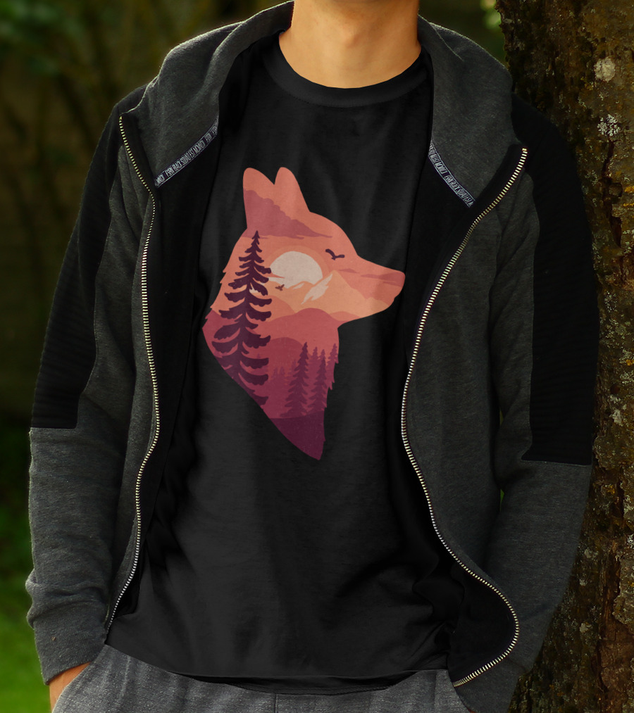 The Red Fox Silhouette Sunset Forest Scene With Mountains And Birds T-Shirt