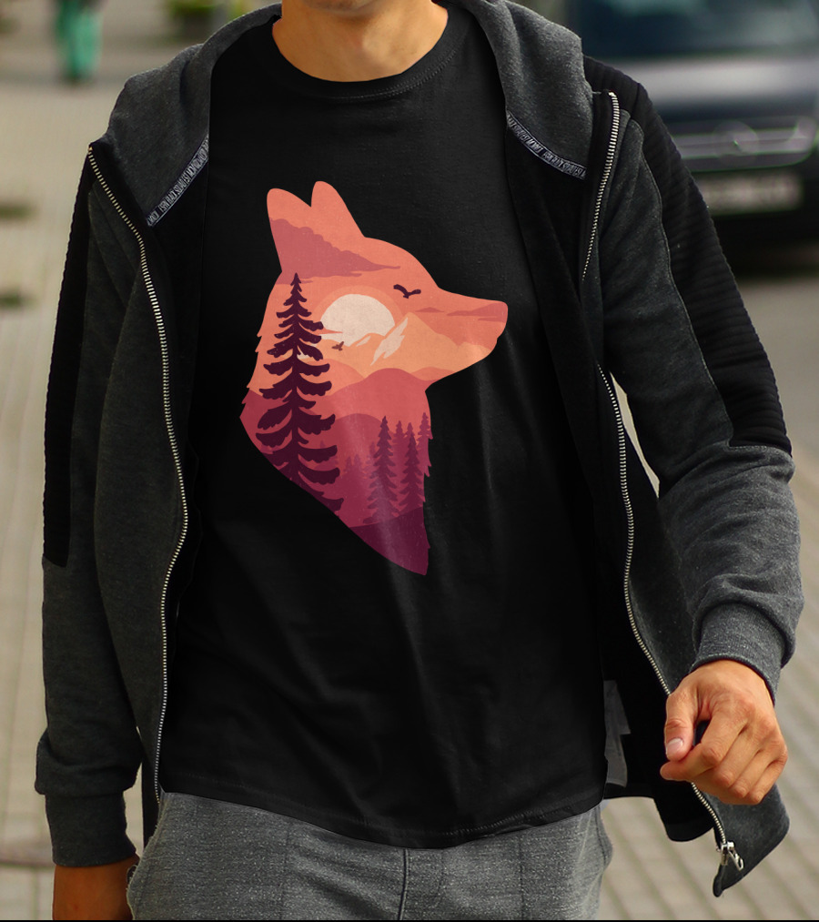 The Red Fox Silhouette Sunset Forest Scene With Mountains And Birds T-Shirt