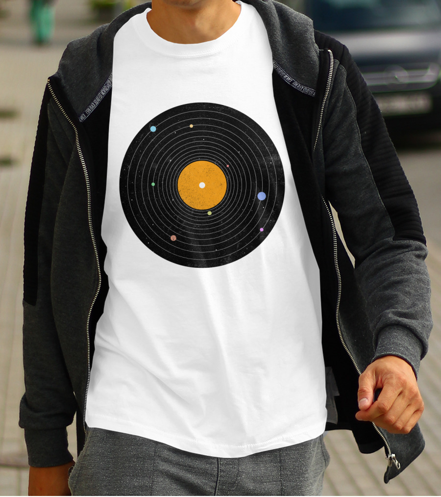 Solar System Vinyl Record Planets Orbiting Cosmic Sound T-Shirt