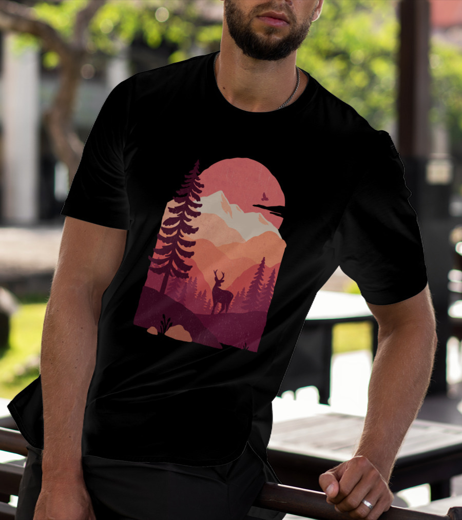 Crimson Peaks Sunset Deer Silhouette Mountain Landscape T-Shirt