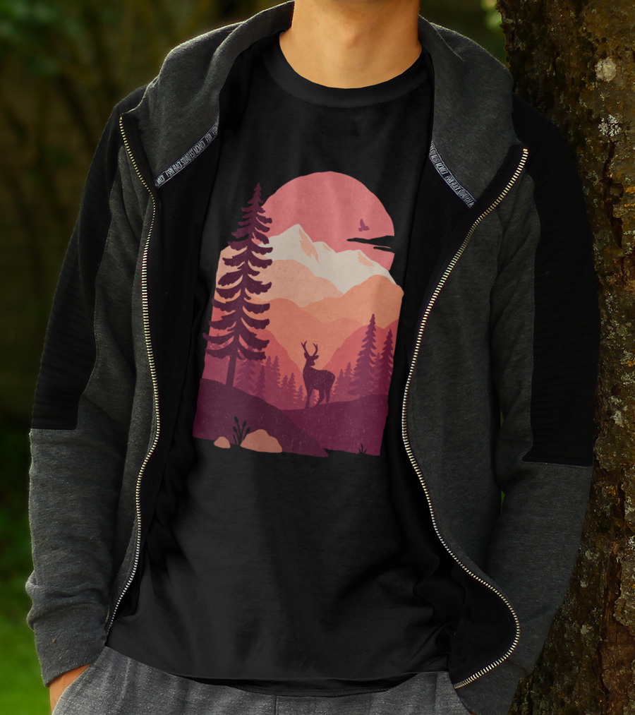 Crimson Peaks Sunset Deer Silhouette Mountain Landscape T-Shirt