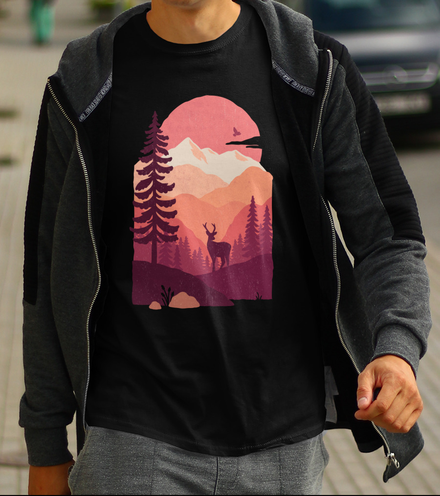 Crimson Peaks Sunset Deer Silhouette Mountain Landscape T-Shirt