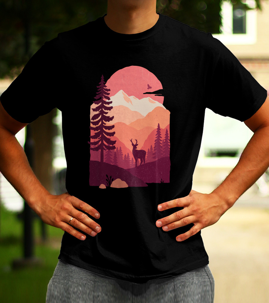 Crimson Peaks Sunset Deer Silhouette Mountain Landscape T-Shirt