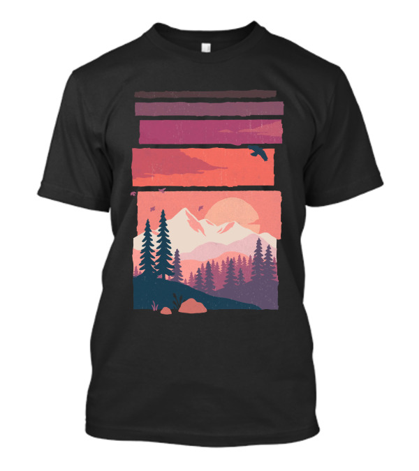 At Dusk Mountain Sunset With Pine Trees And Bird Silhouette In Striped Layers T-Shirt