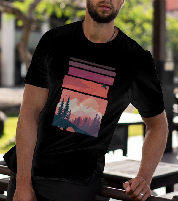 At Dusk Mountain Sunset With Pine Trees And Bird Silhouette In Striped Layers T-Shirt