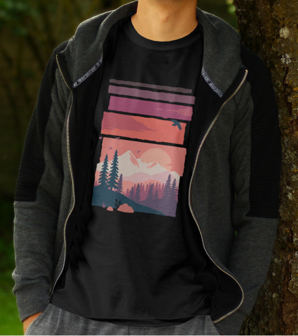 At Dusk Mountain Sunset With Pine Trees And Bird Silhouette In Striped Layers T-Shirt
