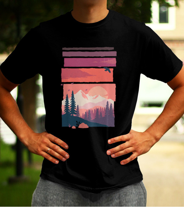 At Dusk Mountain Sunset With Pine Trees And Bird Silhouette In Striped Layers T-Shirt