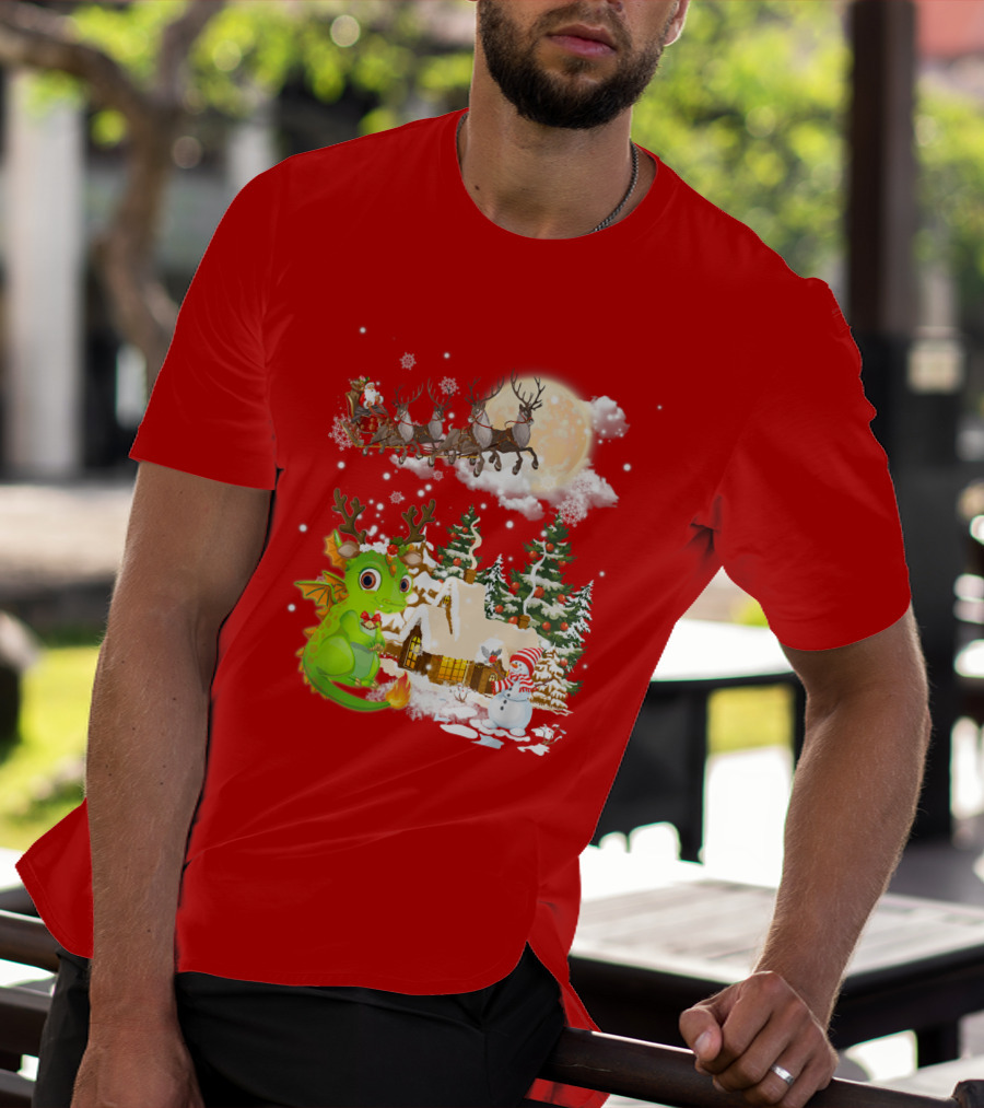 Santa's Sleigh Ride Over Snowy Village With Festive Dragon T-Shirt