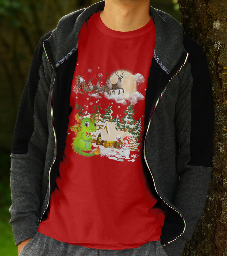 Santa's Sleigh Ride Over Snowy Village With Festive Dragon T-Shirt