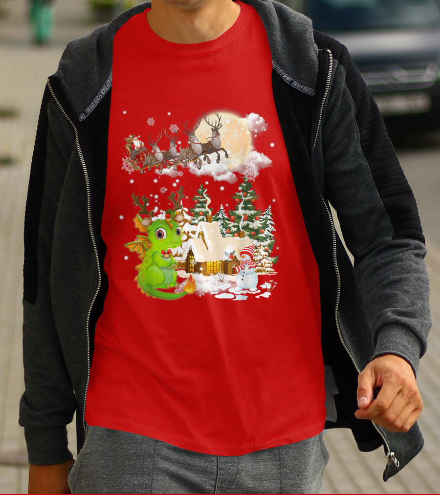Santa's Sleigh Ride Over Snowy Village With Festive Dragon T-Shirt