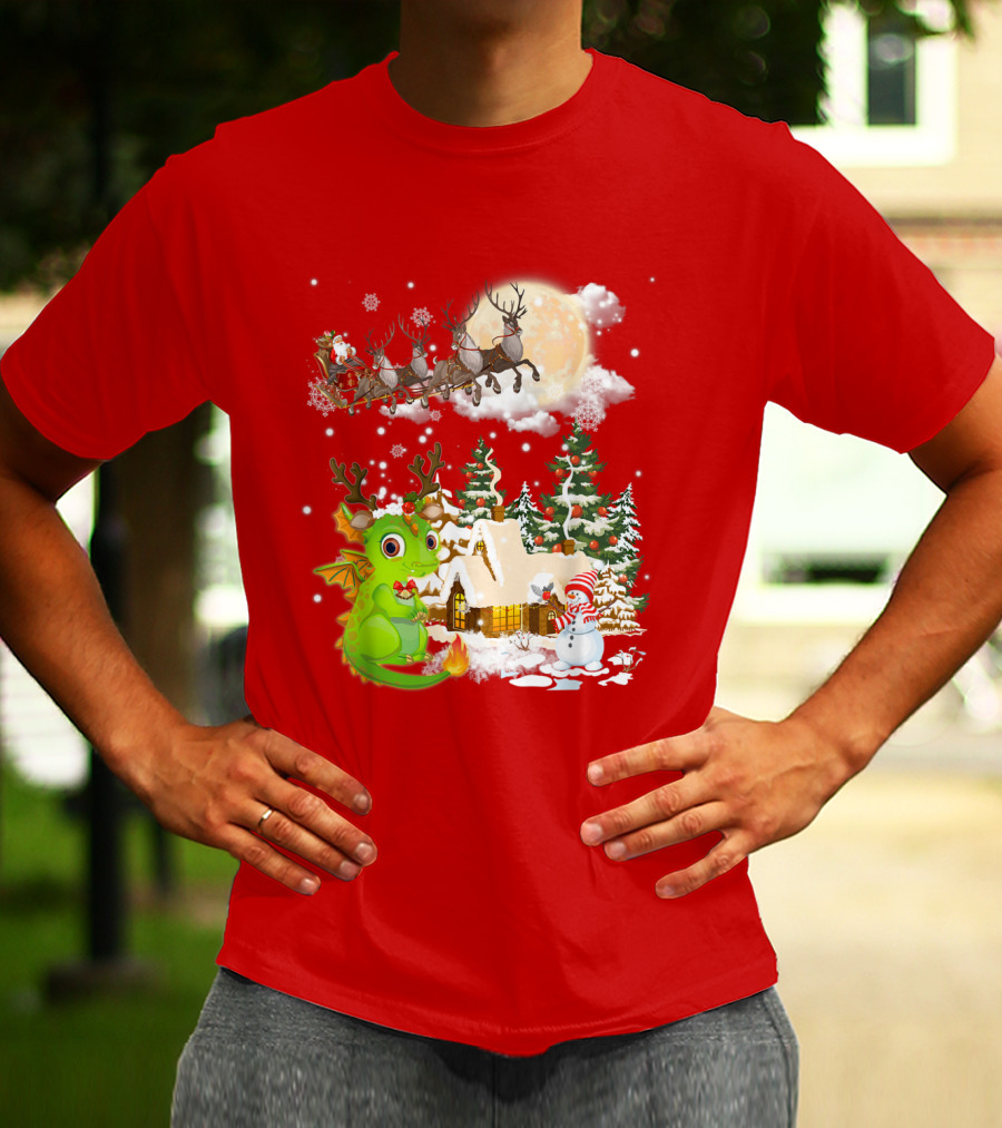 Santa's Sleigh Ride Over Snowy Village With Festive Dragon T-Shirt
