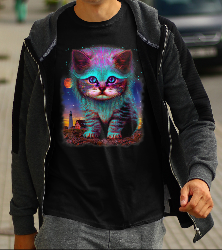 Alien Cat Fantasy Galaxy In Colorful Space With Cute Kitten And Lighthouse Moon Stars T-Shirt