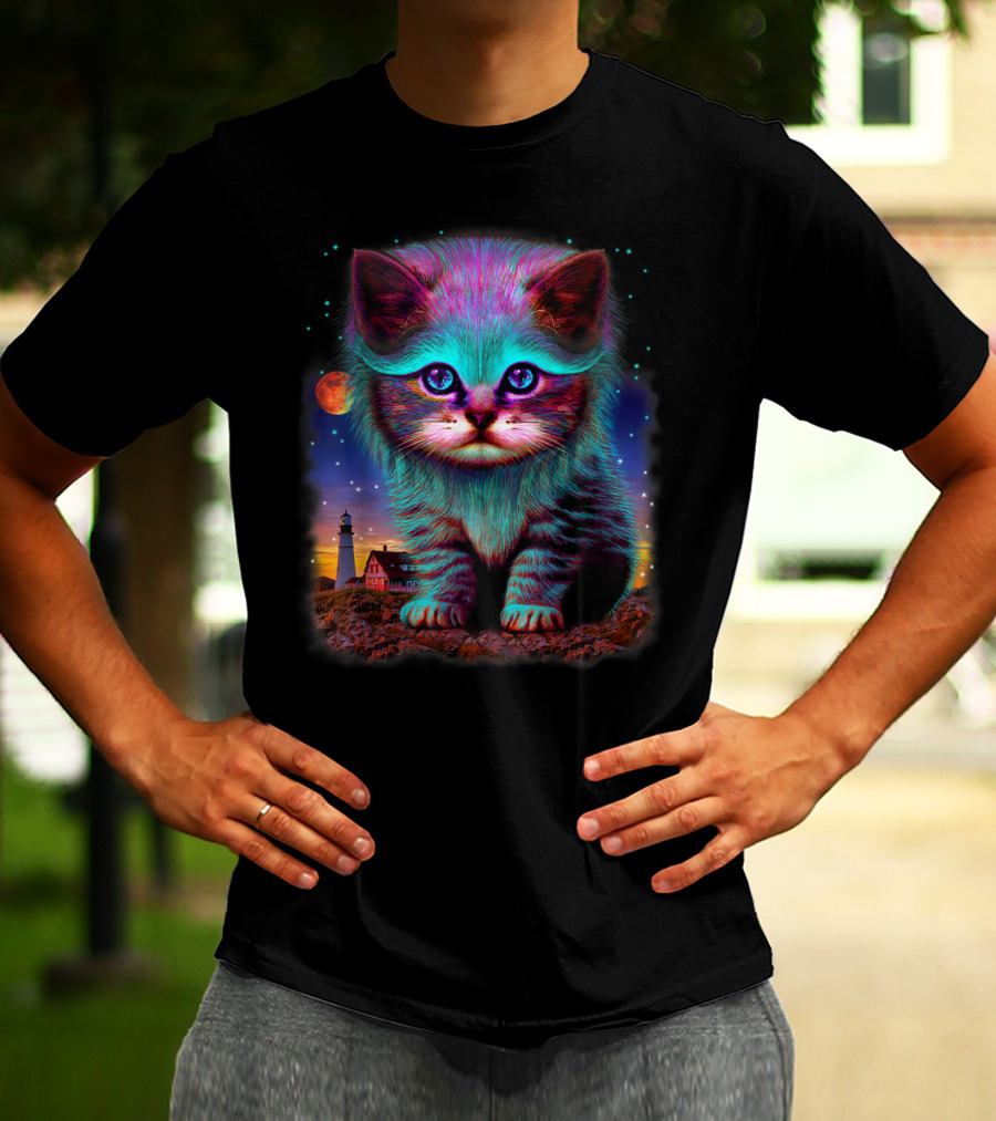Alien Cat Fantasy Galaxy In Colorful Space With Cute Kitten And Lighthouse Moon Stars T-Shirt